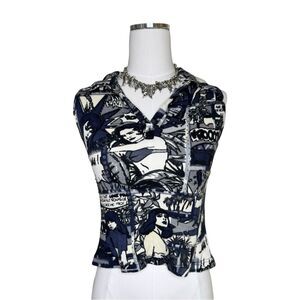 Y2K Chaudry Blue, Black + White Comic Print Beaded Cropped Collared Top Size S